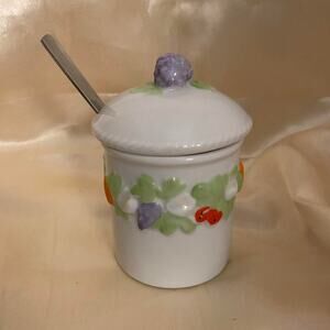 Vintage Grapes ceramic jam jar with a lid and spoon